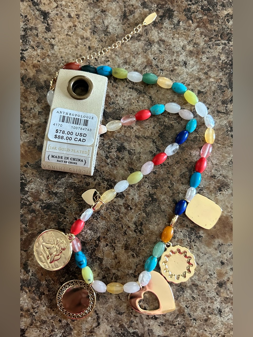 NWT Anthropologie Multicolor Beaded Charm Necklace with Gold Heart & Coin Charms
